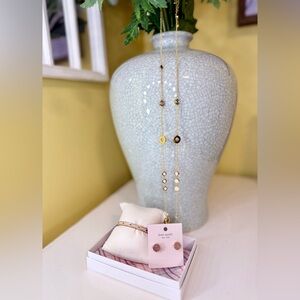 Kate Spade Gold and Pink Jewelry Set (Long Necklace, Earrings, and Bracelet)
